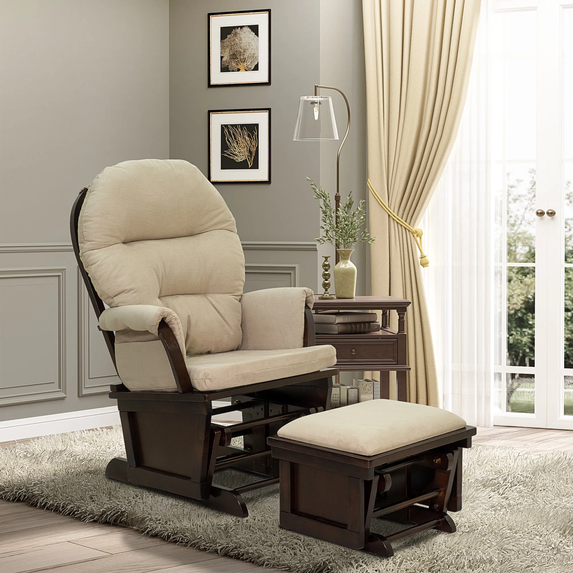 CoSoTower Nursery Glider Rocking Chair with Ottoman, Thick Padded Cushion Seating and Wood Base, Cream White