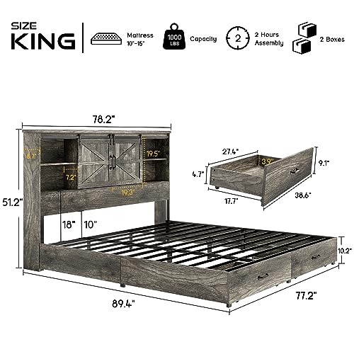HOWE King Size Bed Frame, Wood Platform Bed Frame with 51.2" Bookcase Headboard, Storage Bed with Sliding Barn Door Charging Station 2 Drawers