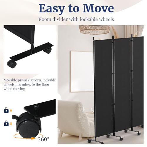Kokorona 6 Panel Room Divider, 6FT Tall Rolling Privacy Screen with Lockable Wheels, Folding Wall Dividers Portable Room Divider for Room Separation