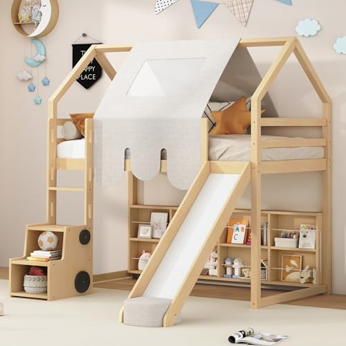 Harper & Bright Designs Kids Twin Low Loft Bed with Slide and Storage Shelves, Wood Playhouse Loft Bed Frame with a Tent & Stairs