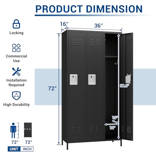 72" Metal Locker for Employees 3 Doors Blue Steel Storage Locker for Office, School, Gym - Metal Storage Cabinets for Home, Office, Gym, School