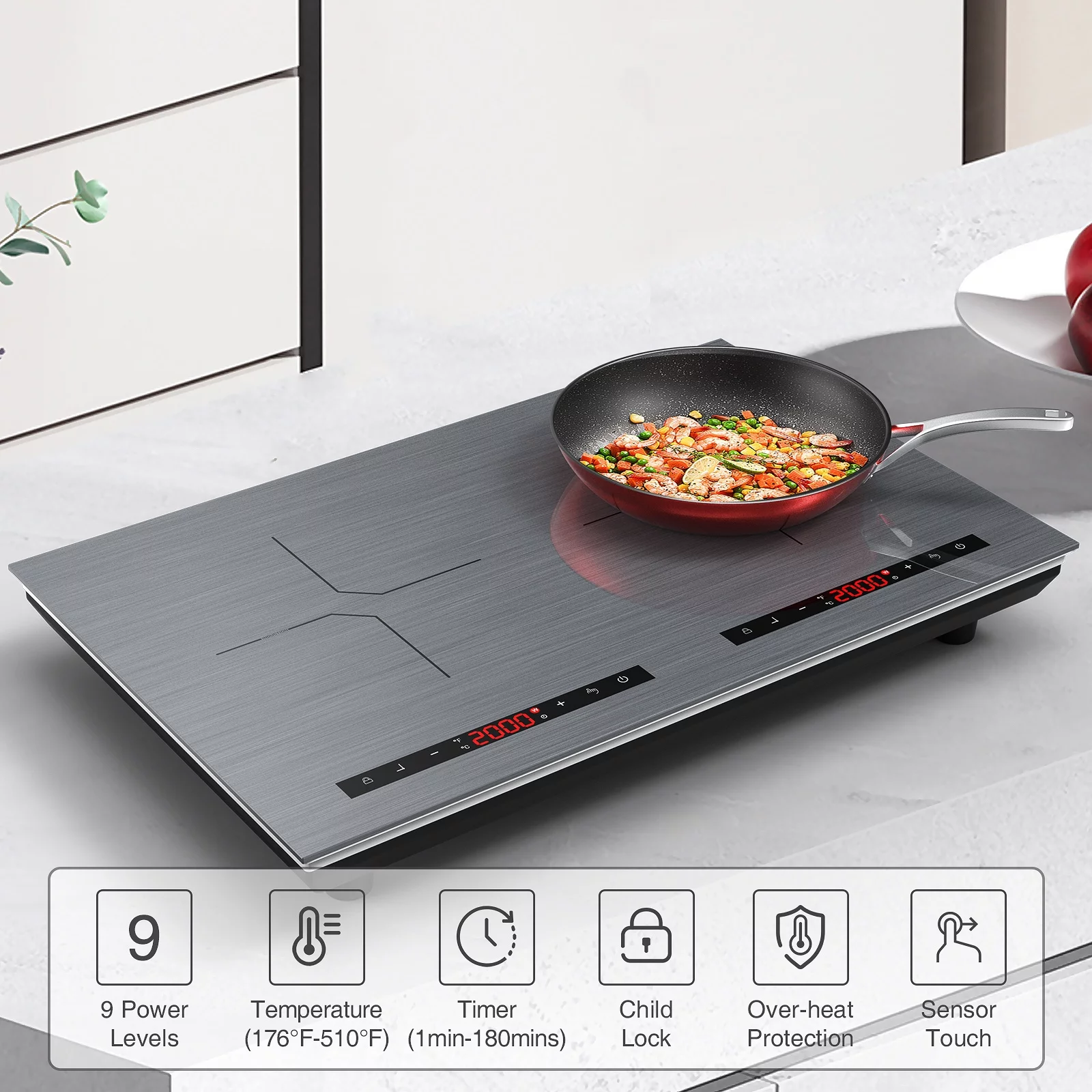 VBGK Induction Cooktop 24 Inch 2 Burner 4000W Plug Electric Burner Countertop Hot Plate for Cooking 110v,3H & Auto Shutdown Induction Burner