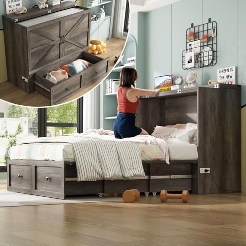 AMERLIFE Queen Murphy Bed with Storage & Charging Station, Farmhouse Murphy Cabinet with Foldable Panel, Noisy Free, for Guest Bedroom, Living Room