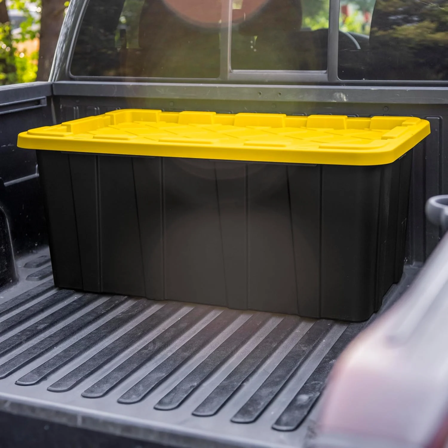 38 Gal Industrial Tote, Stackable Storage Bin with Snap-Fit Lid for Garage, Basement &amp; Attic Storage,  4-Pack