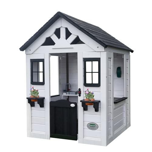 Backyard Discovery Sweetwater Cedar Wooden Kids Playhouse Cottage with Play Kitchen, Snack Bar, Half Door, Toy Phone, Windows, Flowerpot Holders