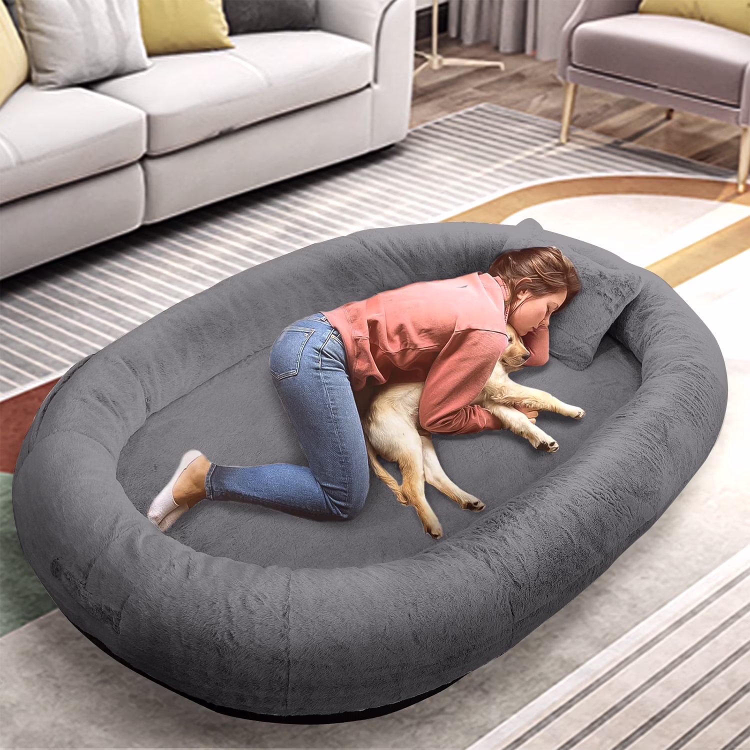 Human Dog Bed for Pets and Adults, 71"x45"x16", Washable Faux Fur Cover with Blanket and Pillow, Extra Large Human Size Beanbag Bed