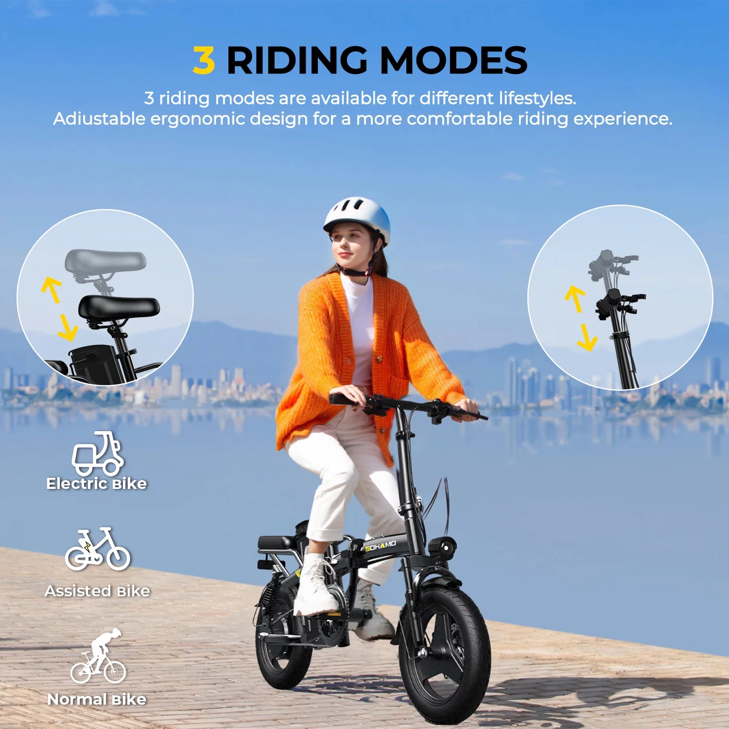 SOHAMO Electric Bike w/400W Motor and 48V 13Ah Removable Battery Folding Ebike for Adults and Teens, Full Suspension, 3 Levels Assist