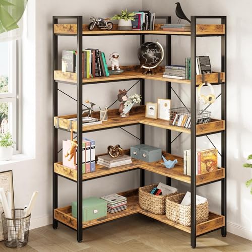 Rolanstar Bookshelf 5 Tier with 4 Hooks, Reversible Corner Bookshelf