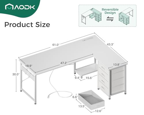 AODK L Shaped Gaming Desk with 4 Drawers, 61" Reversible Home Office Desks with Power Outlets
