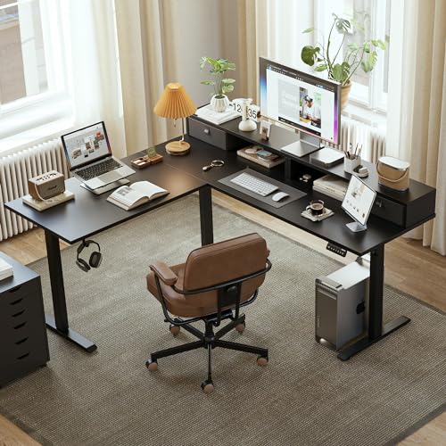 Agilestic L Shaped Electric Standing Desk with 2 Drawers, 63 Inch Ergonomic Adjustable Height Desk with Storage