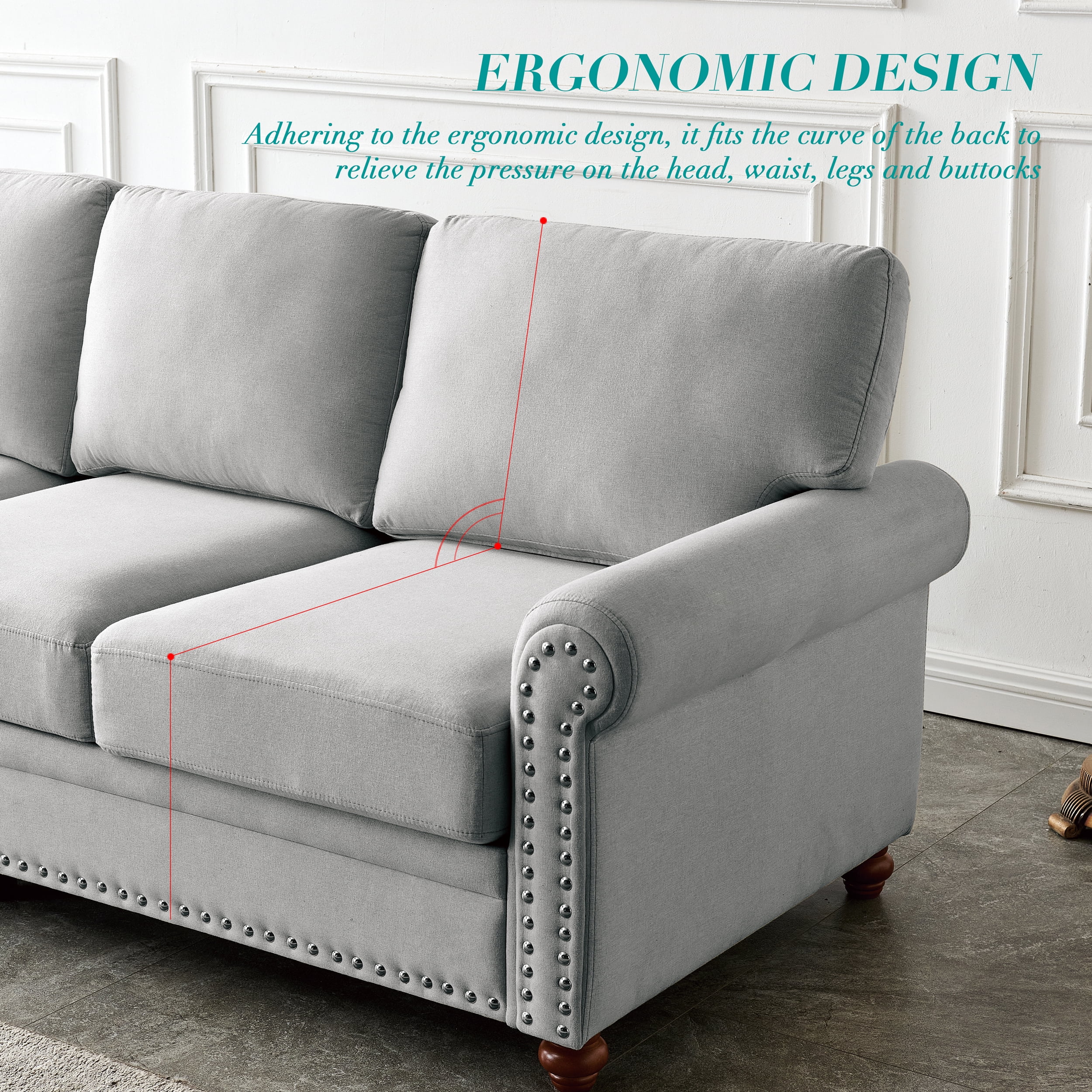 Momspeace 3 Seater Sofa Couch Upholstered Convertible Chaise Sleeper Sofa Chair Linen Fabric&nbsp;Comfy Couch for Living Room - Gray
