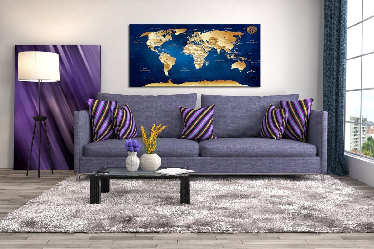 Wall Art blue map of the world Painting Ready to Hang -20 x 40 Pieces Large Framed wall art world Map Canvas Art Map wall decorations Artwork Prints