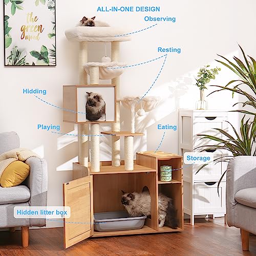 Hey-brother Cat Tree with XL Litter Box Enclosure, All-in-one Cat Tower for Indoor Cats with Large Hammock, Bed, Food Station, Scratching Posts