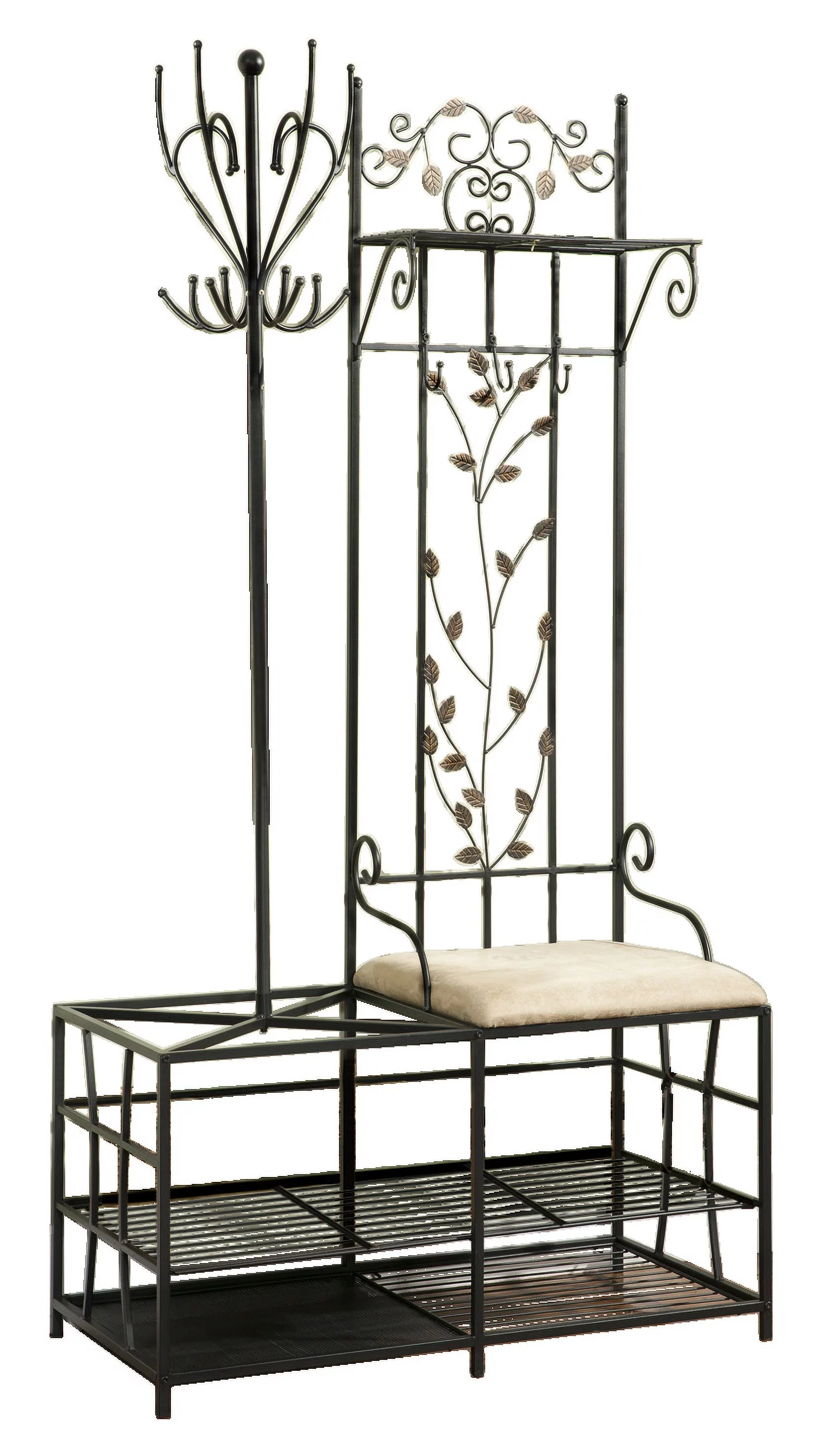Baylen Black Metal Entryway Coat & Hat Rack, Bench & Umbrella Stand, 12 Hooks