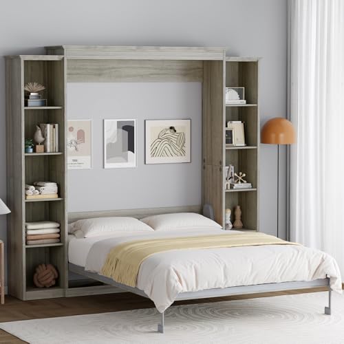Rophefx Queen Murphy Bed Cabinet with 5-Tier Adjustable Storage Shelves, Queen Wall Bed Cabinet Bed, Wood Space Saving Beds, Foldable Platform Beds