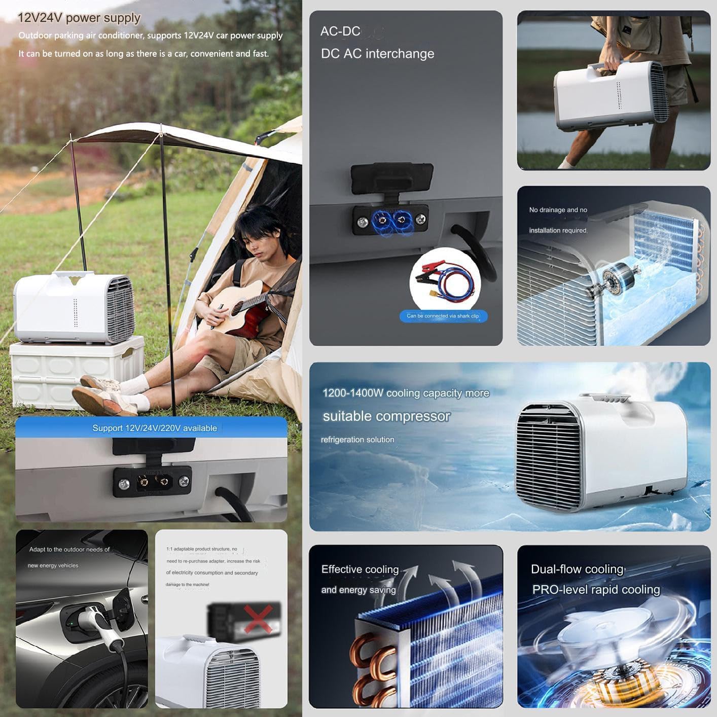 Portable Fast Cooling Camping Air Conditioner 12V 24V 1400W 4777BTU Inverter Air Conditioner with Remote Control for Car, RV, Tent - S03 Pro