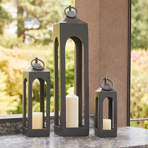 Large Black Lantern, Rustic Metal Decorative Lantern with Glass Panels, Candle Holder for Indoor & Outdoor, Home Decor for Patio, Garden & Tabletop