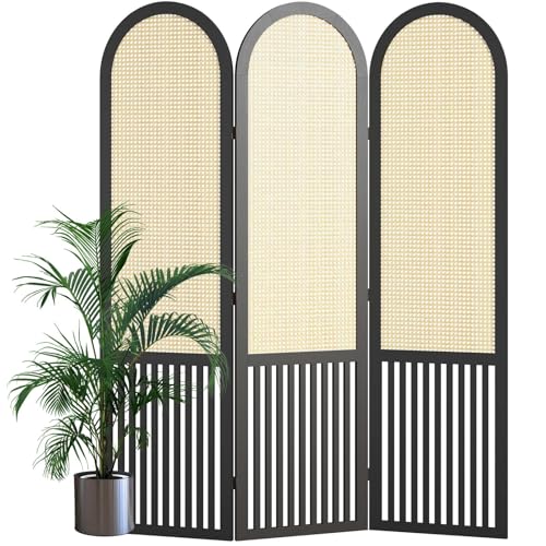 Room Divider and Folding Privacy Screens, Pine Wood 5.6 Ft Double Hinged Rattan Partition Freestanding Wall Room Divider for Home - 3 Panels