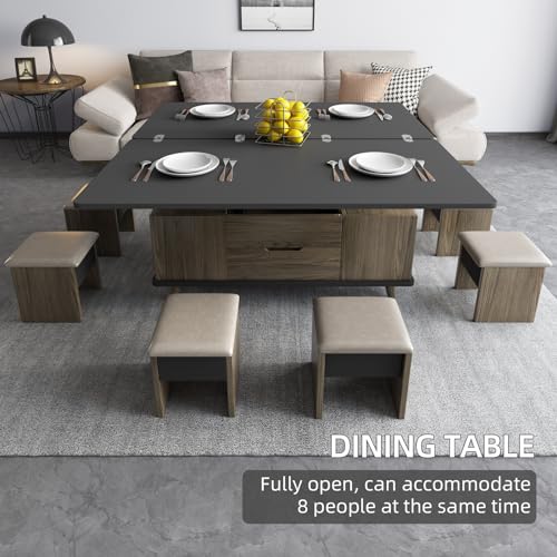 Multifunctional Lift Top Coffee Table with Four Stools,Center Table with Hidden Storage Compartments,Saving Space Indoor Tea Table