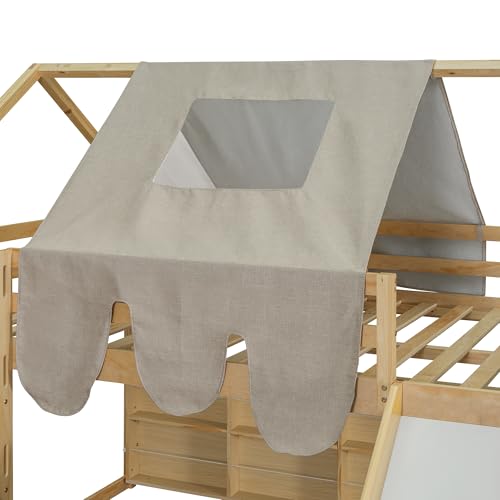 Harper & Bright Designs Kids Twin Low Loft Bed with Slide and Storage Shelves, Wood Playhouse Loft Bed Frame with a Tent & Stairs