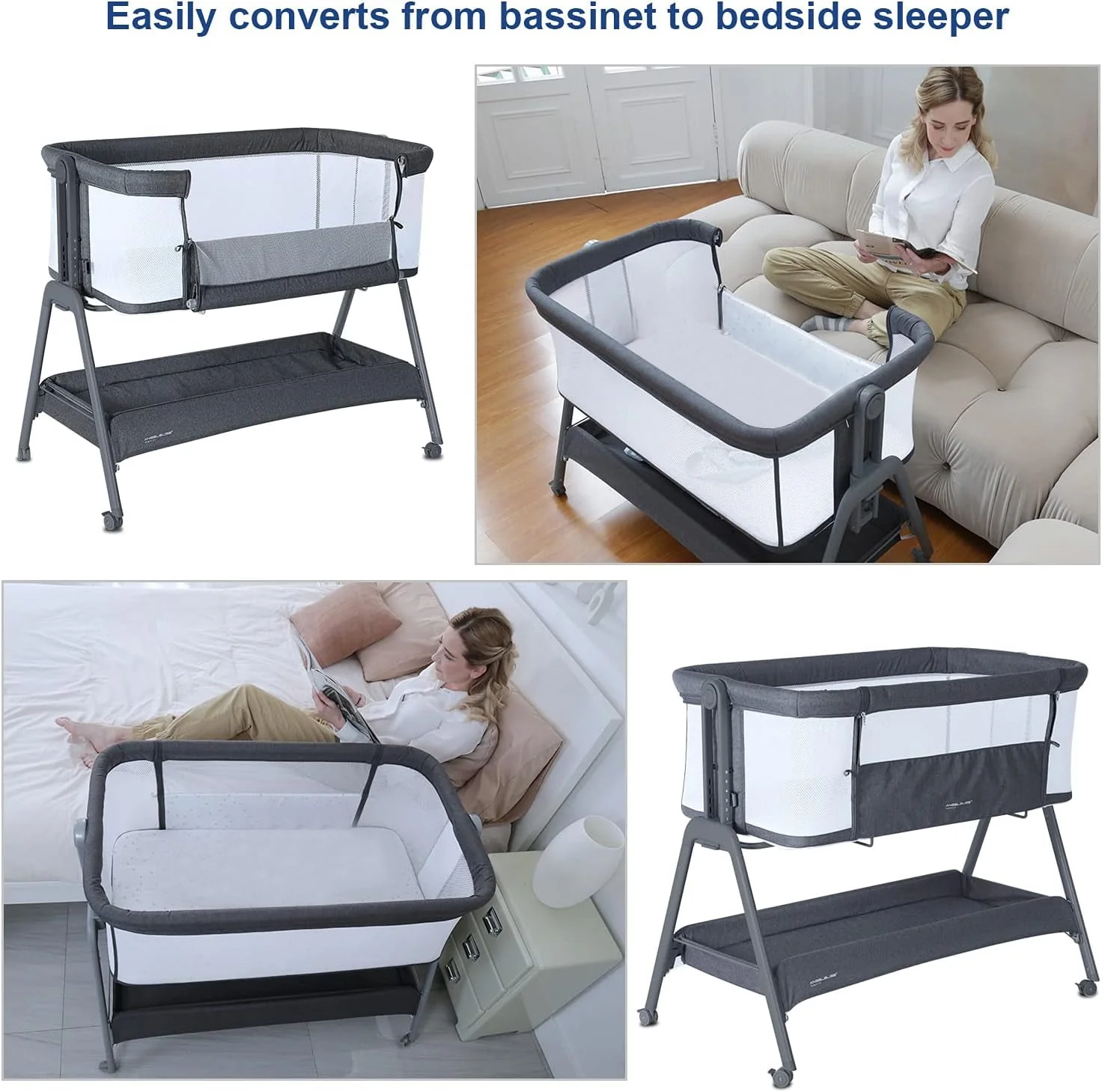 ANGELBLISS Flat Bedside Bassinet with Storage Basket, Easy Folding Portable Crib with Wheels, Included Breathable Mesh