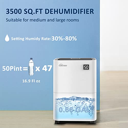 Britsou 34/50/80 Pints Dehumidifier for Basement Continous Dehumidify with a 0.66 Gallon Tank and Continous Drain Hose Auto Shut off and Defrost