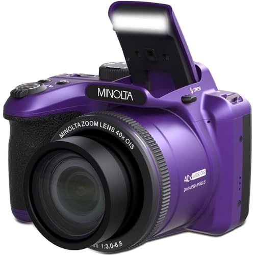 MINOLTA MN40Z 20 Mega Pixels 40x Optical Zoom Digital Camera with 1080p FHD Video (Purple) Bundle with 64GB Memory Card + Vlog Tripod + 4xAA Battery