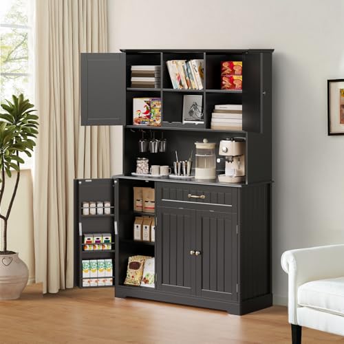Gizoon 67.7" Kitchen Pantry Cabinet with Microwave Shelf Tall Coffee Bar Cabinet with Storage Kitchen Hutch with Countertop for Dining Room and Craft