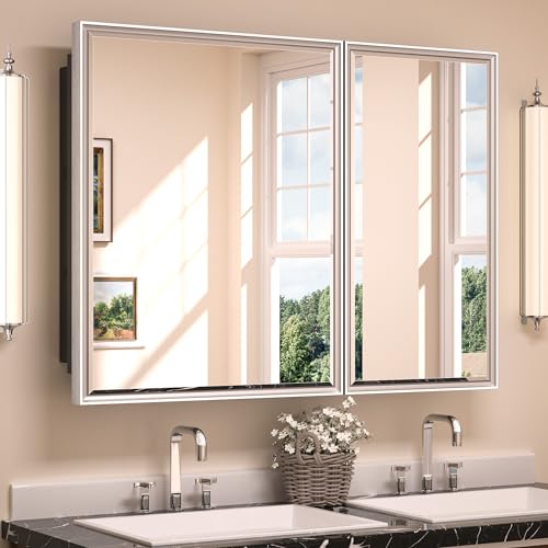 TETOTE 40x30 Inch Medicine Cabinet Silver Framed Bathroom with Mirror Aluminum Framed Surface or Recessed Wall-Mounted Medicine Cabinets Beveled