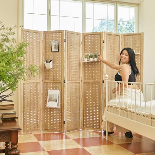 Room Divider Freestanding Folding Pegboard Privacy Screen | 4-Panel Display Stand for Jewelry, Craft Shows, Retail | Natural Wood