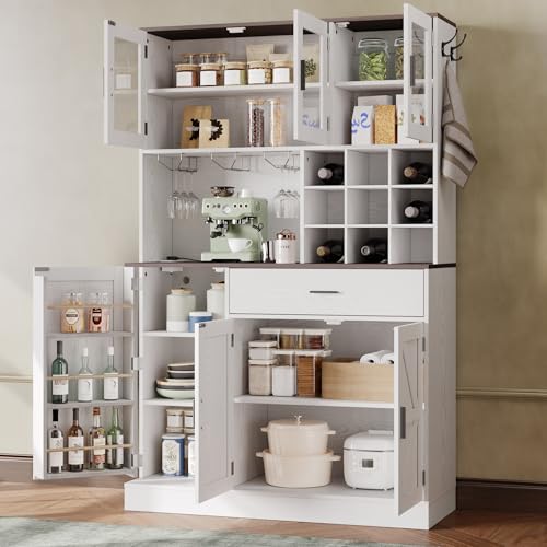 ANCTOR Kitchen Hutch Cabinet with Storage Tall Pantry Storage Cabinet with Glass Doors, Power Outlet, Microwave Stand, Adjustable Shelves, Drawer