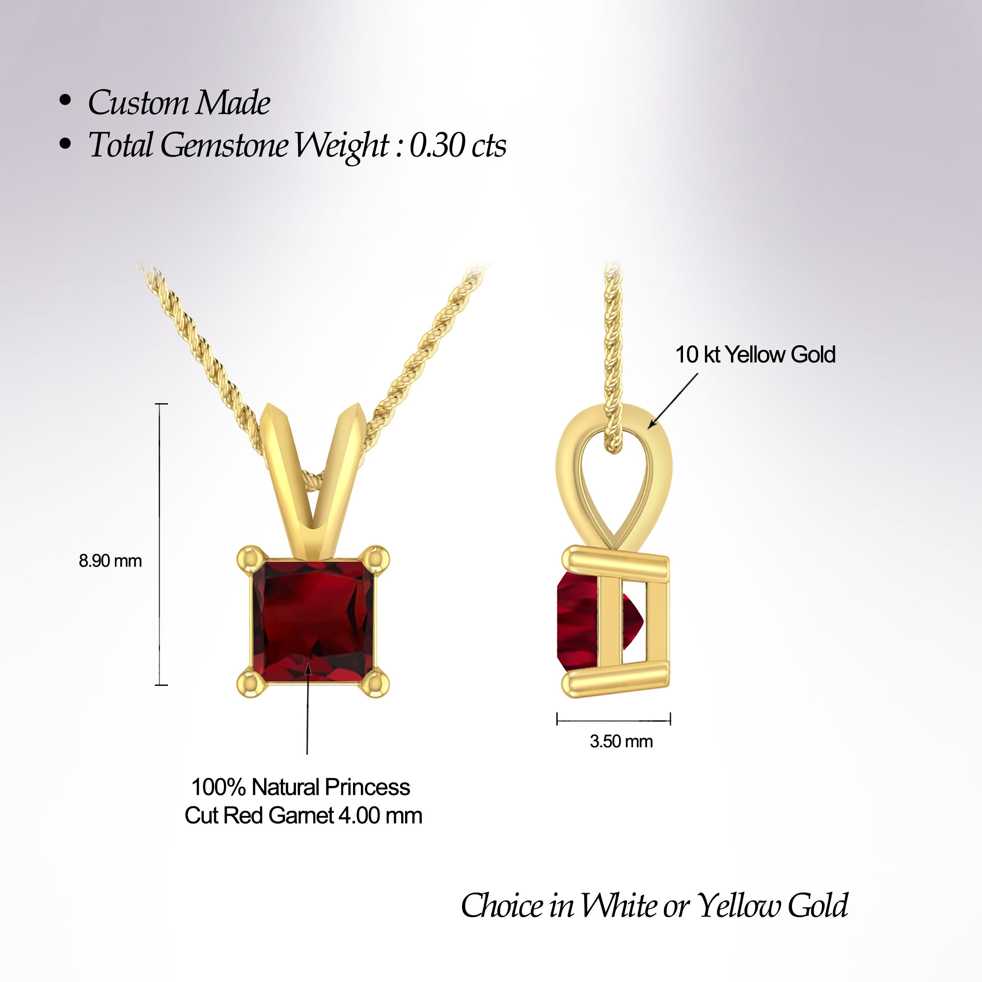 1/3 Carat Princess Shape Garnet 10K Yellow Gold V-bail Solitaire Pendant Necklace For Women ( Gemstone 4.00MM )
