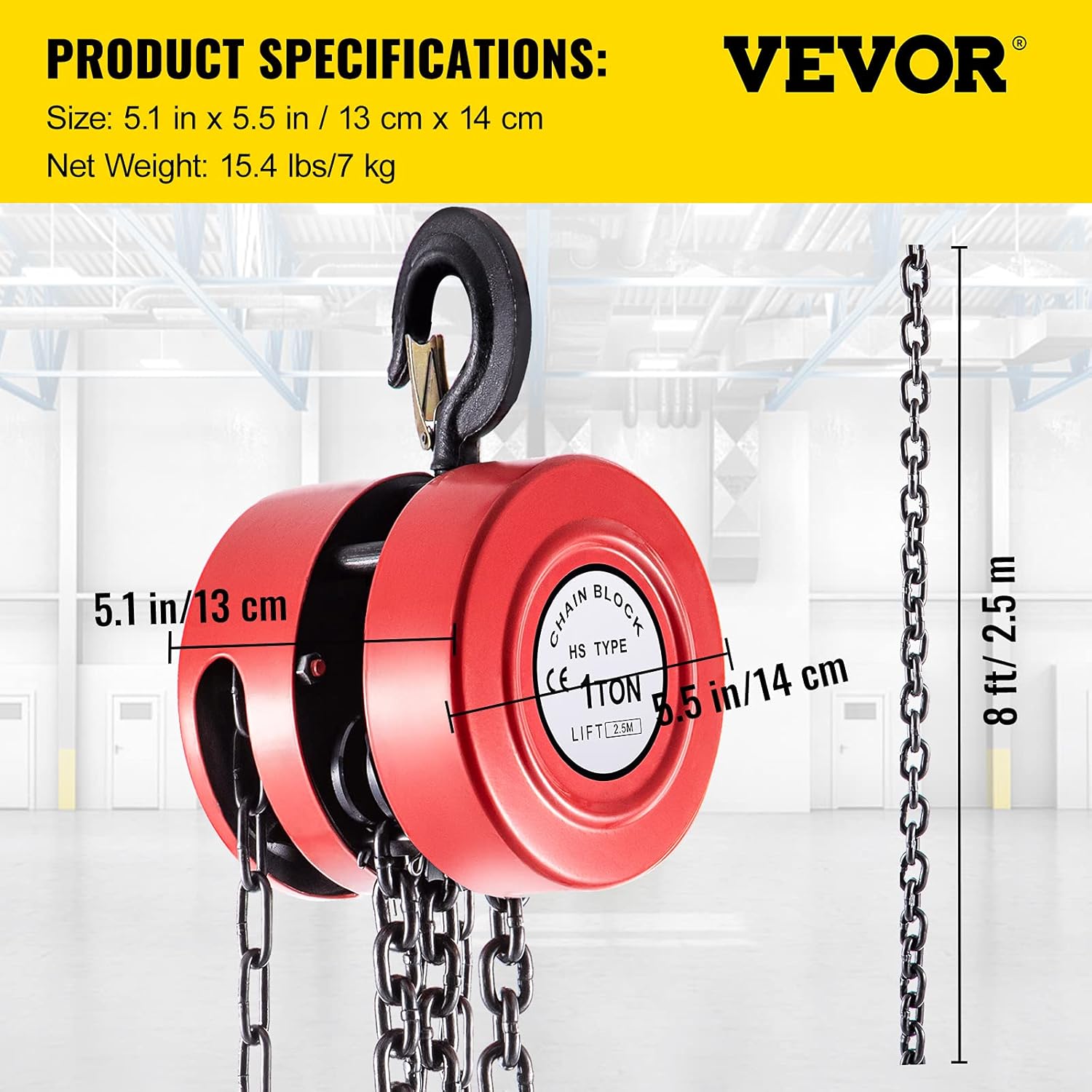 VEVOR Hand Chain Hoist, 2200 lbs /1 Ton Capacity Chain Block, 8ft/2.5m Lift Manual Hand Chain Block