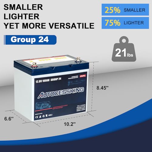 12V 100Ah BCI Group 24 LiFePO4 Battery, 100A BMS Rechargeable Mini Lithium Battery with Low-Temp Protection, Up to 15000 Cycles Perfect for RV