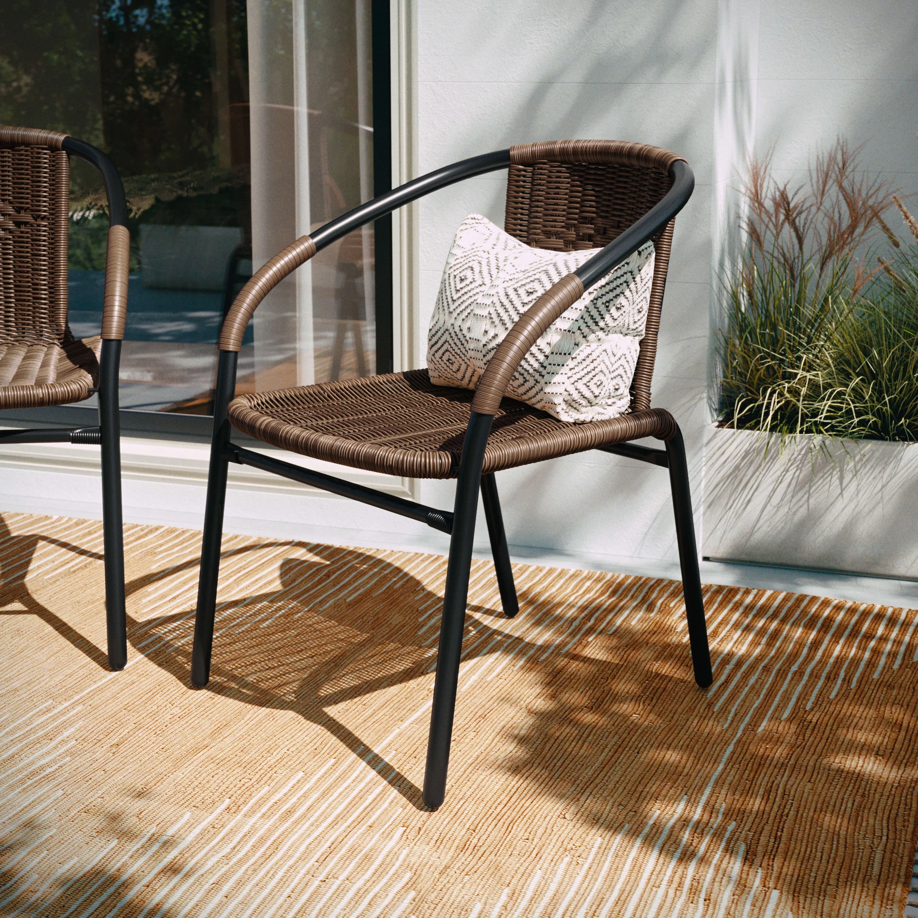 BizChair 2 Pack Medium Brown Rattan Indoor-Outdoor Restaurant Stack Chair