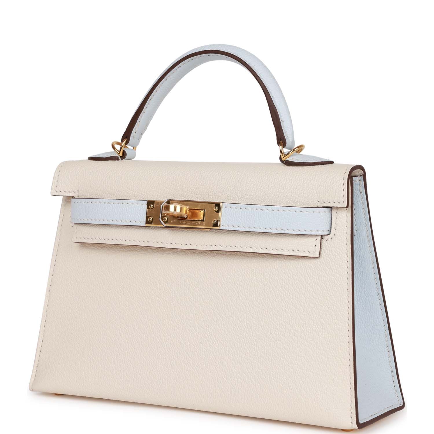 Herm&egrave;s Special Order (HSS) Kelly 20 Nata and Bleu Brume Chevre Gold Hardware