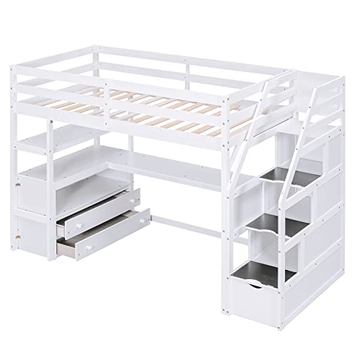 Twin Loft Bed with Staircase, Desk and Wardrobe, Wood Loft Bed with Storage Shelves and Safety Guardrail