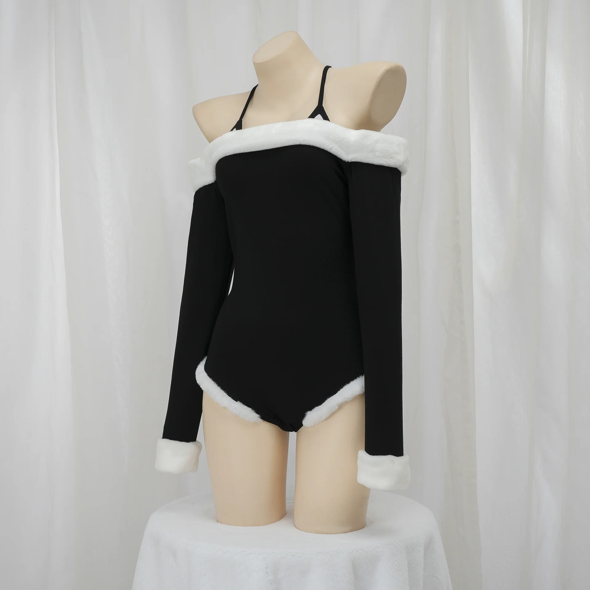 'Monochrome Temptation' Off-Shoulder Fuzzy-Trim Sexy Bodysuit
