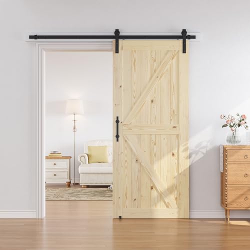 SMARTSTANDARD 36in x 84in Sliding Barn Door with 6.6ft Barn Door Hardware Kit Included, Unfinished Solid Spruce Wood Door, Assembly Required, DIY