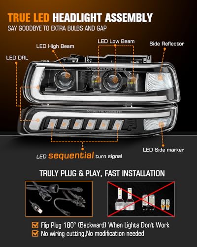 LED Headlights Assembly Headlamps Replacement for 1999-2002 Chevy Silverado 2000-2006 Suburban 00-06 Tahoe Sequential Turn Signal Hi/Low Beam DRL