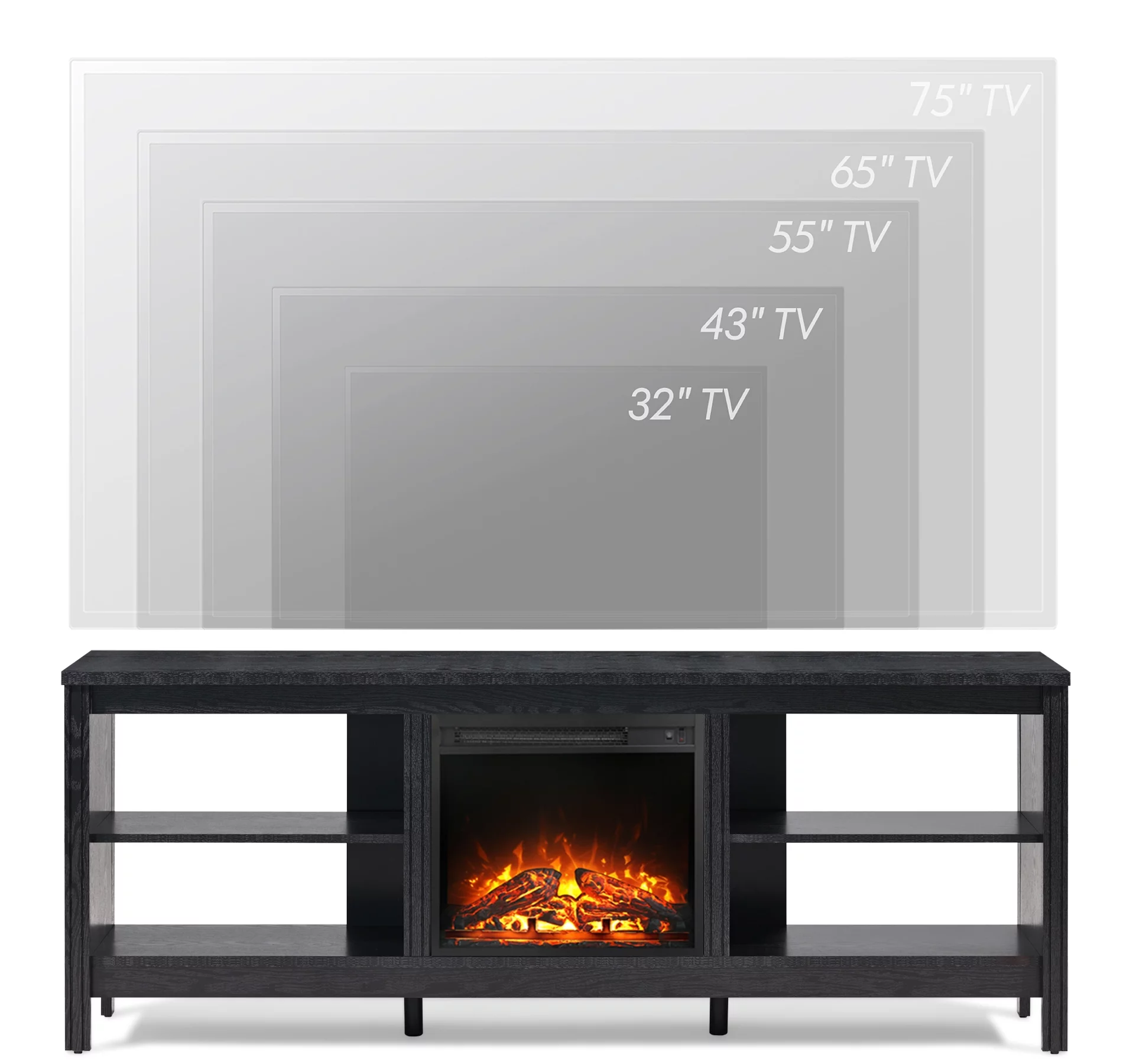 Fireplace TV Stand for 75 inch TV , Wood Entertainment Center with Electric Fireplace for Living Room Bedroom, 70 inch, Black