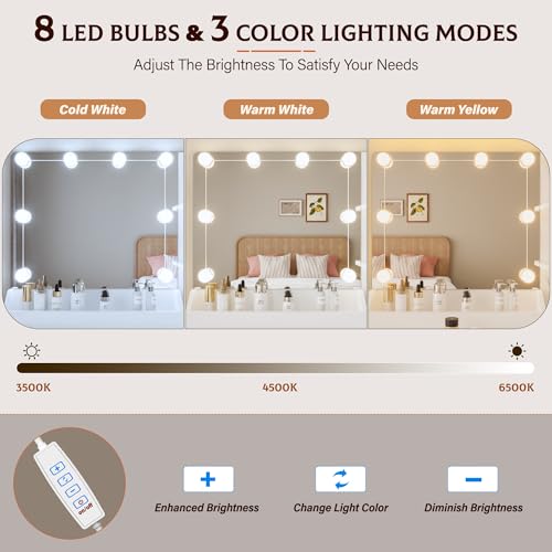 Vanity Desk with Mirror and Lights Dimmable LED Makeup Table with Drawers Side Cabinet 3 Storage Shelves Power Outlet Dressing Table Set Include