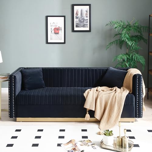 Contemporary Vertical Channel Tufted Velvet Sofa, 3 Seater Couch Sofa, Sectional Sofa with 2 Pillows, Accent Love Seats for Small Spaces