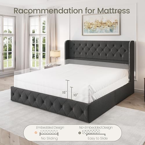 King Size Bed Frame with 4 Storage Drawers and Tufted Headboard Linen Upholstered Platform Bed Frame Wingback Beds with Wooden Slats Support