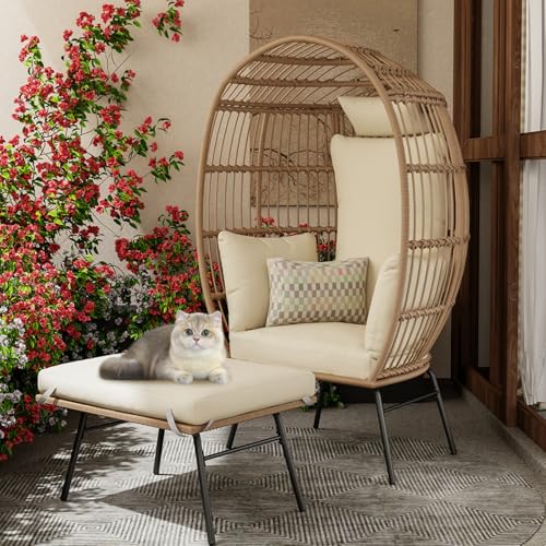 Oversize Wicker Egg Chair with 4 Comfy Cushions, Big Egg Shaped Lounger with Ottoman, Rattan Reading Chairs for Indoor Outdoor Patio Porch Backyard