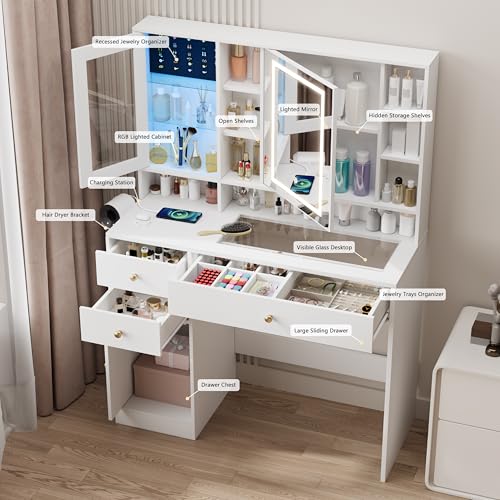Makeup Vanity Desk with Mirror and Lights, White Vanity with Glass Top, LED Lights & Power Outlet, 3 Drawers & 2 RGB Glass Cabinets