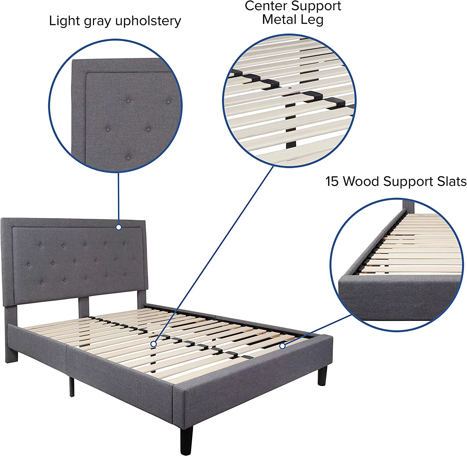 Queen Size Panel Tufted Platform Bed In Light Gray Fabric