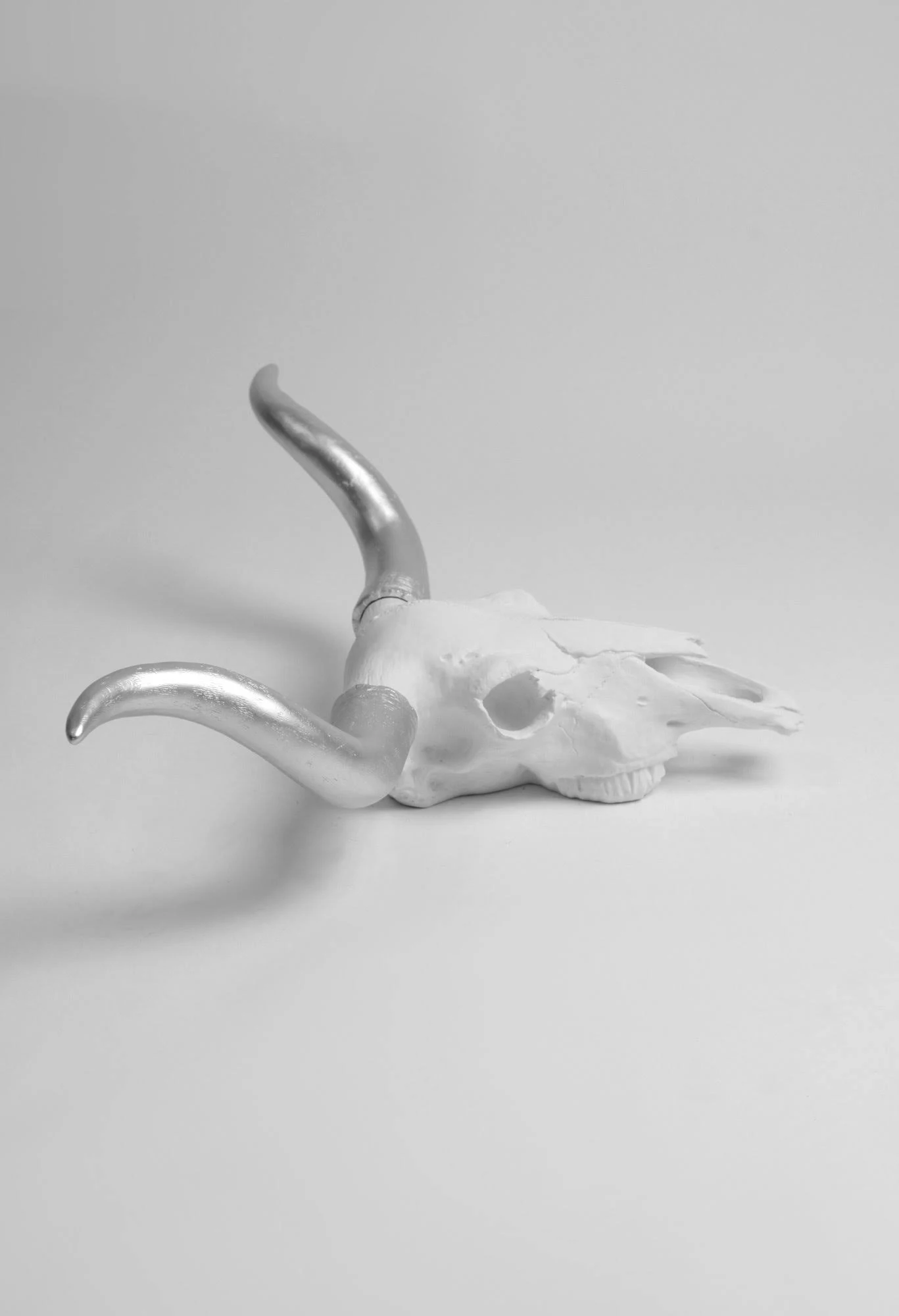 Large Faux Longhorn Cattle Skull Decor, White u0026 Silver
