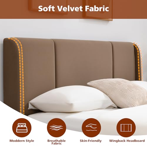 VELOCAVA Queen Size Lift Up Storage Bed with Modern Wingback Headboard, Upholstered Platform Bed with Fabric with Hydraulic Support Bars