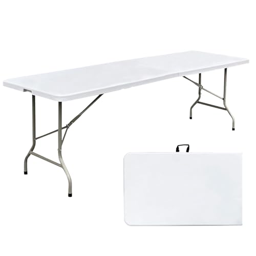 8 Foot Folding Table 96 inch Heavy Duty 8ft Plastic Portable Foldable Table with Handle Indoor Outdoor White 8' Dining Table for Picnic